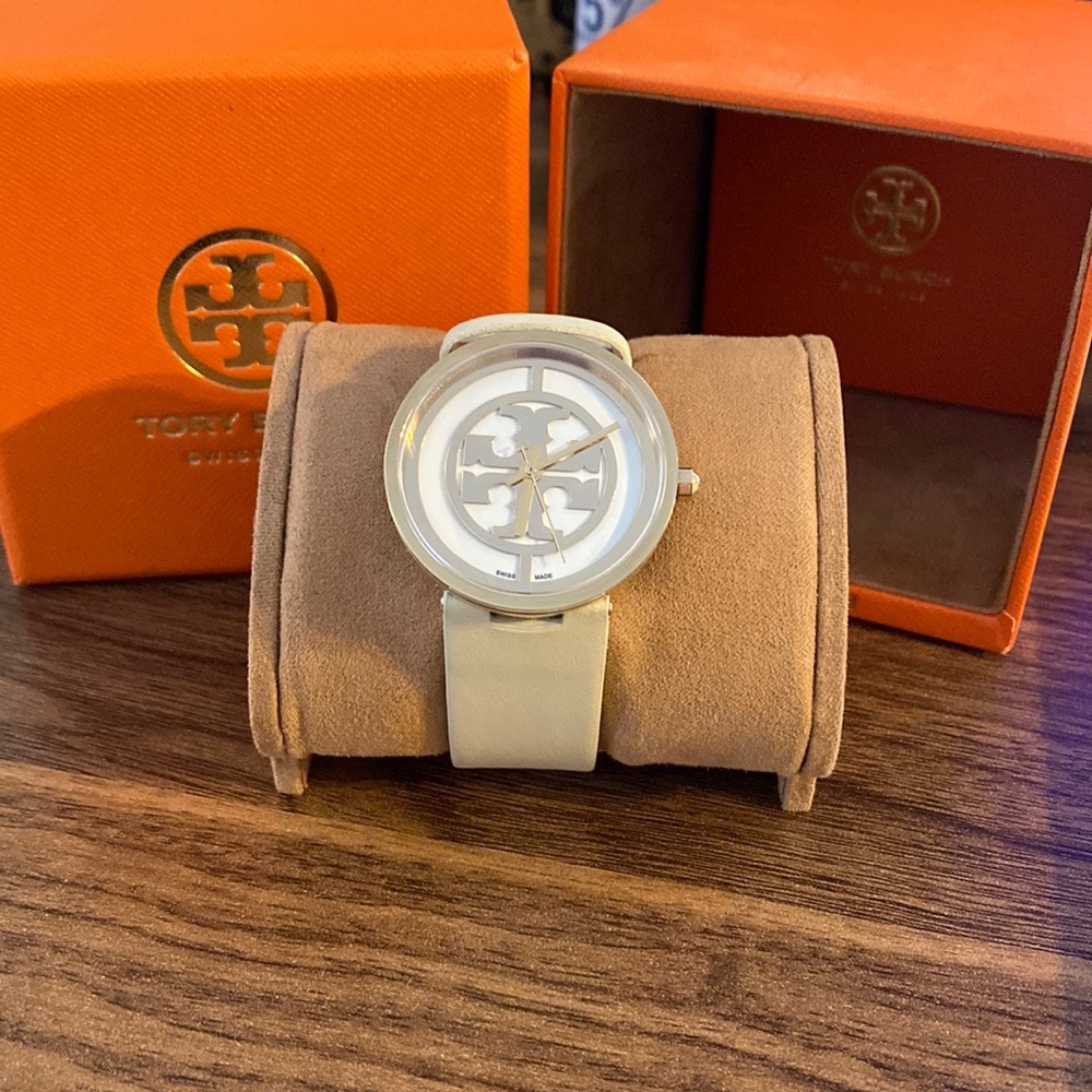 Tory Burch 'Reva' Logo Dial Leather Strap Watch, 36mm - White/ Gold